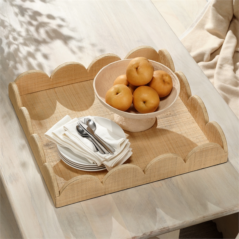 Maklaine Artisan Scalloped Natural Raffia Decorative Tray in Natural