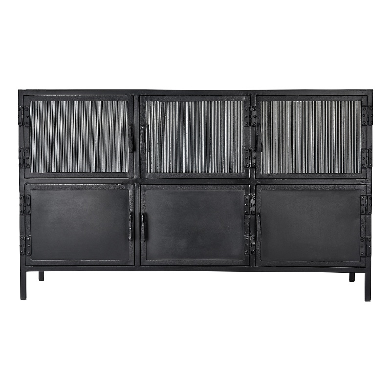 Maklaine Hand-Forged 6-Door Iron and Reeded Glass Console in Black