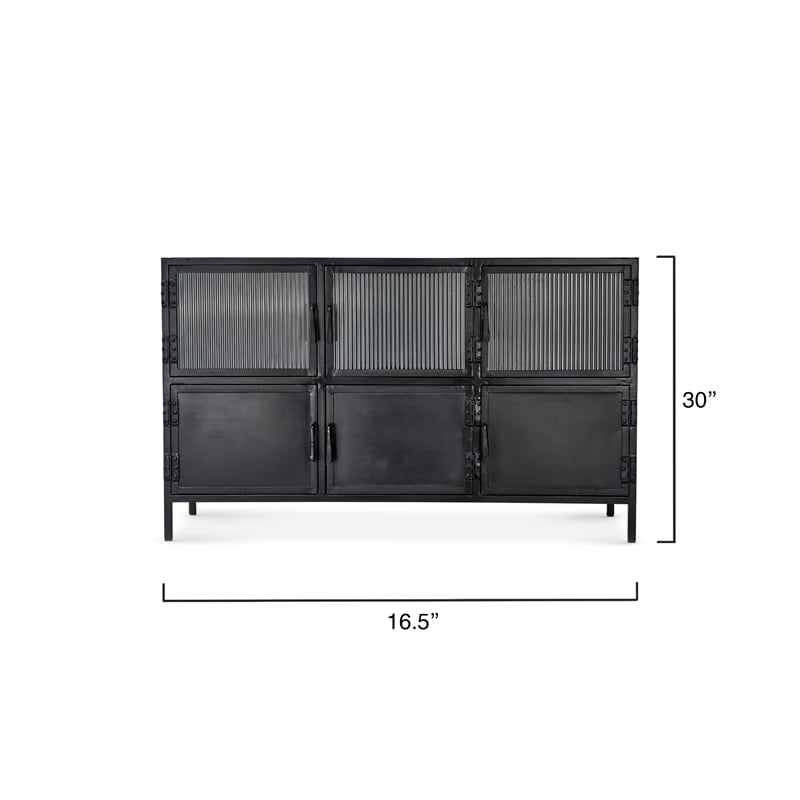 Maklaine Hand-Forged 6-Door Iron and Reeded Glass Console in Black