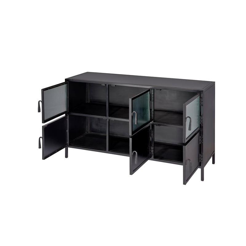 Maklaine Hand-Forged 6-Door Iron and Reeded Glass Console in Black