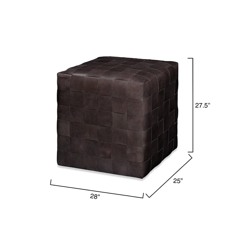Maklaine Handwoven Distressed Buffalo Leather Ottoman in Dark Gray