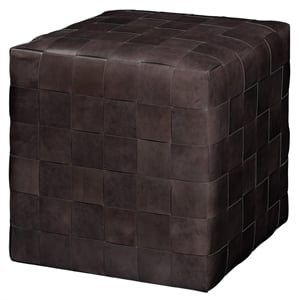 Maklaine Handwoven Distressed Buffalo Leather Ottoman in Dark Gray