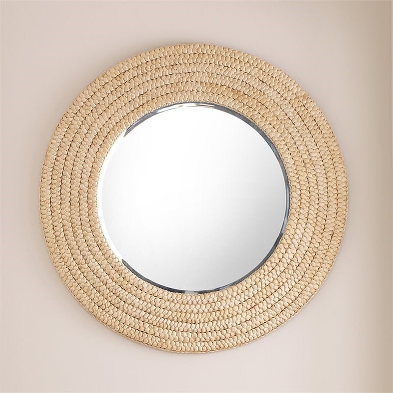 Maklaine Woven Braided Seagrass Round Coastal Wall Mirror in Brown