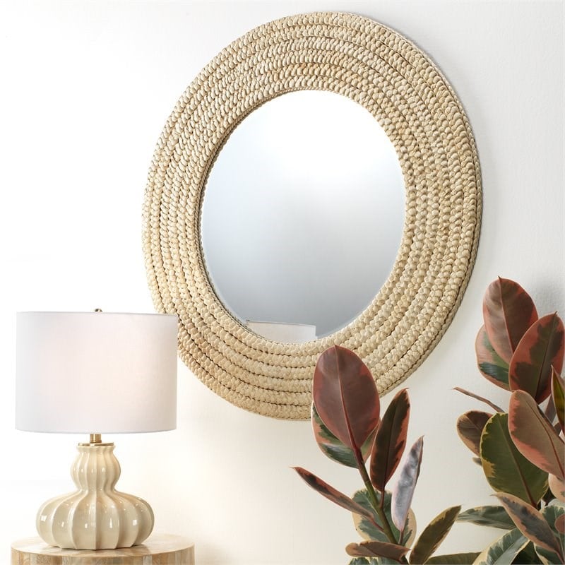 Maklaine Woven Braided Seagrass Round Coastal Wall Mirror in Brown