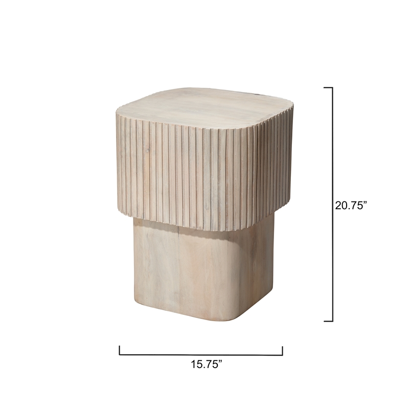 Maklaine Hand-Carved Ribbed Mango Wood Square Accent Table in Cream