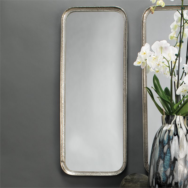 Maklaine Iron Rounded Rectangle Transitional Mirror in Silver Leaf