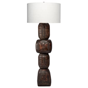 Maklaine Hand-Carved Mango Wood Totem Floor Lamp With Linen Shade