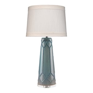 Maklaine Handmade Hobnail Ceramic Table Lamp With Linen Shade in Teal