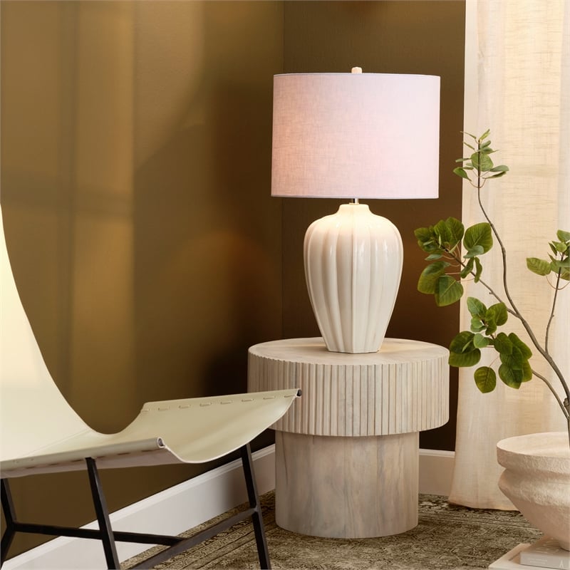 Maklaine Handmade Ribbed Ceramic Table Lamp With Linen Drum Shade