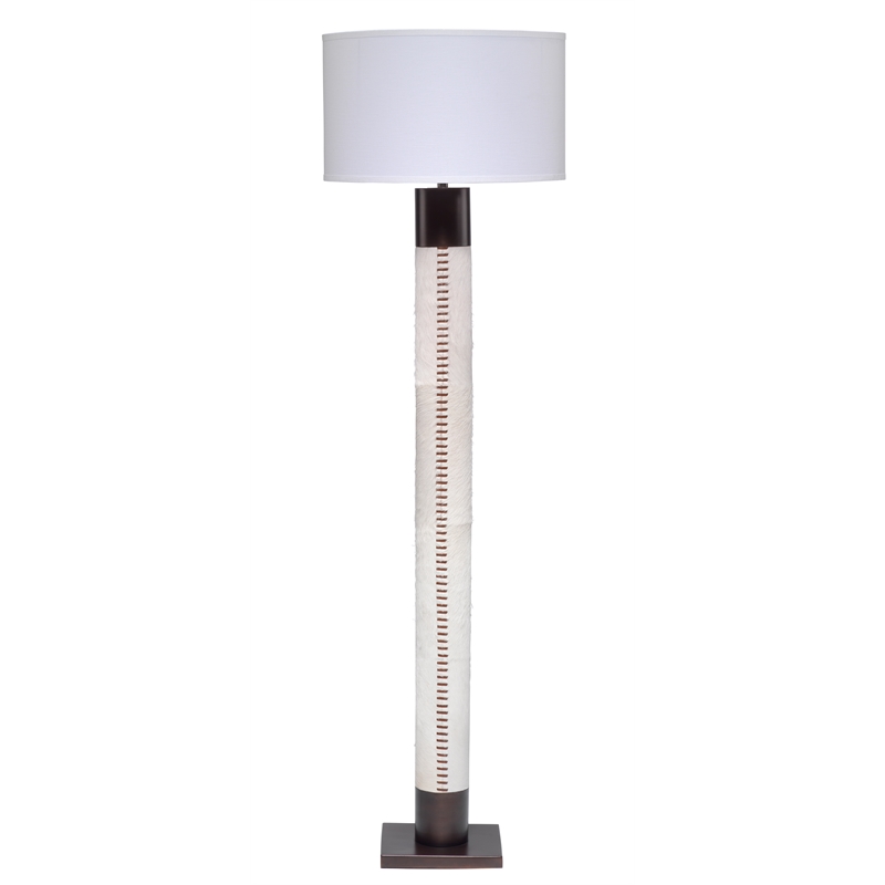 Maklaine Natural Hide and Linen Floor Lamp With Leather Stitch in White