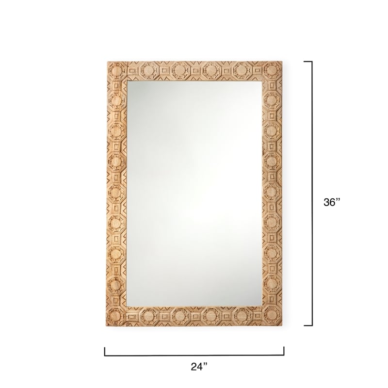 Maklaine Hand-Carved Floral Wood Rectangle Wall Mirror in Natural