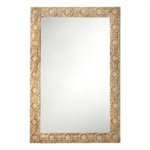 Maklaine Hand-Carved Floral Wood Rectangle Wall Mirror in Natural