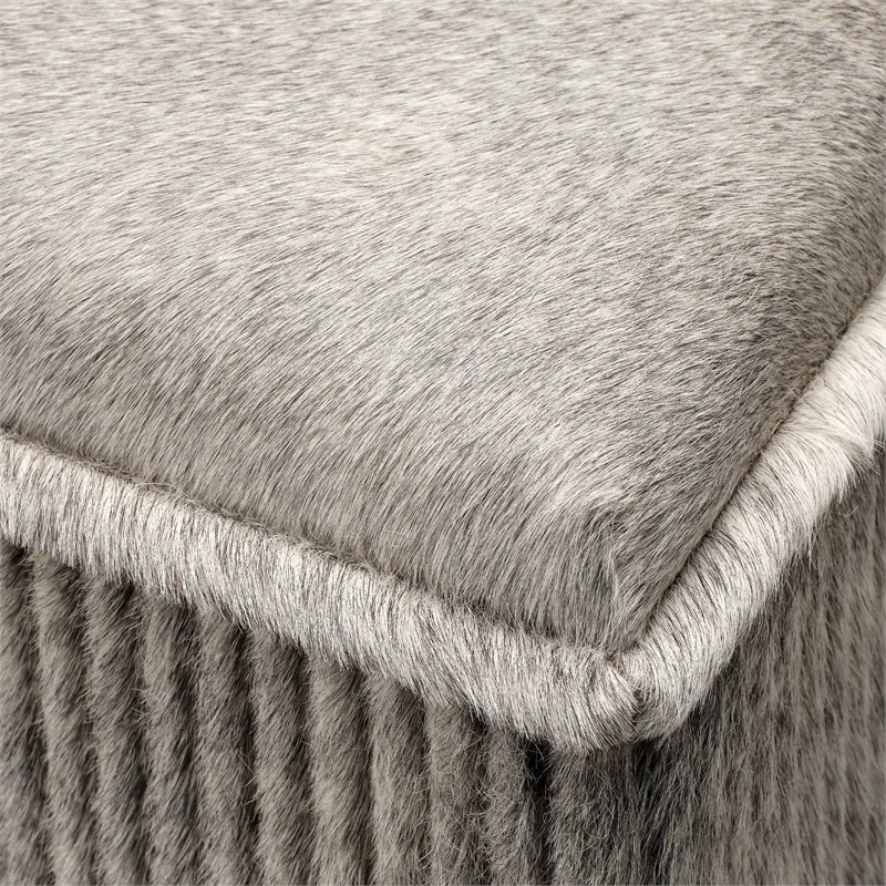 Maklaine Hair-on-Hide Leather Ottoman With Brass Base in Gray