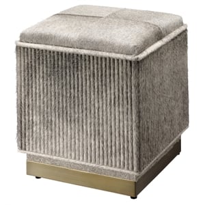 Maklaine Hair-on-Hide Leather Ottoman With Brass Base in Gray