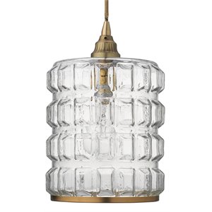 Maklaine Hand-Blown Glass Block Grid Pendant Light in Clear/Brass