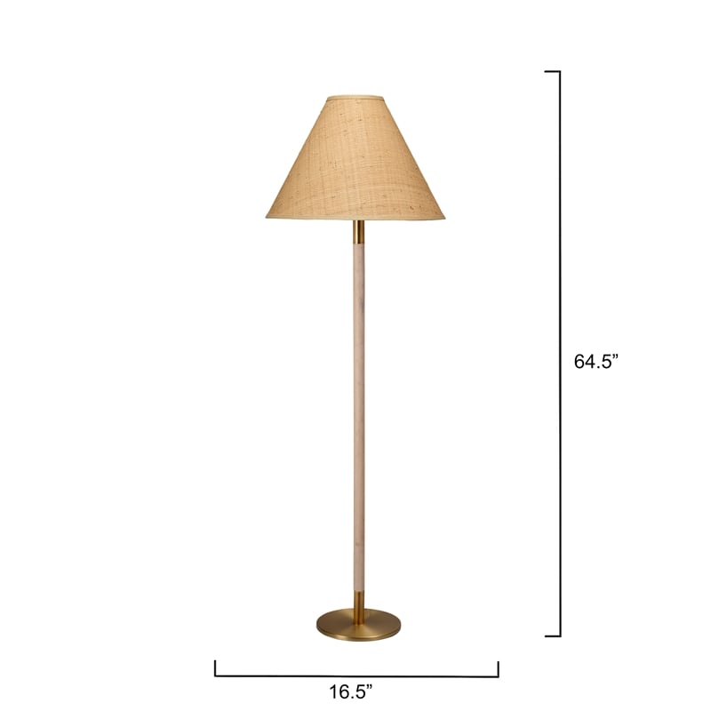 Maklaine Wood and Raffia Cone Shade Floor Lamp in Antique Brass
