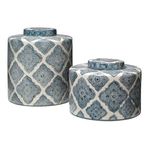 Maklaine Arabic Indigo Pattern Ceramic Canisters in Blue/White Set of 2