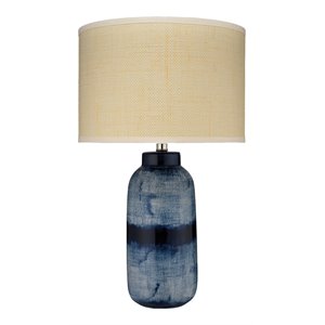 Maklaine Hand-Glazed Indigo Ceramic Table Lamp With Raffia Shade in Blue
