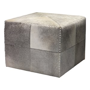 Maklaine 18&quot Hair-on-Hide Leather Upholstered Ottoman in Gray