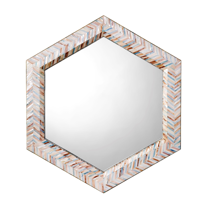 Maklaine Iridescent Mother of Pearl Hexagon Wall Mirror in Blue/White
