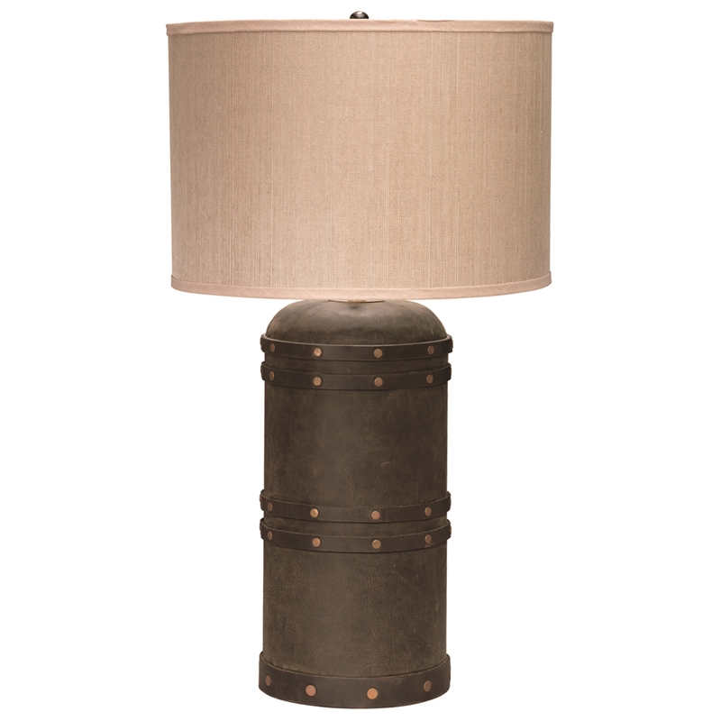 Maklaine Barrel Leather Table Lamp With Elephant Hemp Shade in Brown