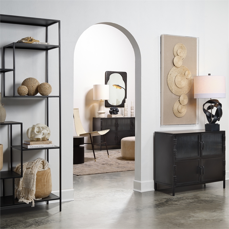 Maklaine Industrial 4-Door Iron and Glass Cupboard in Black Metal