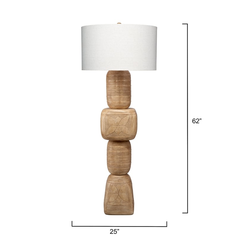 Maklaine Hand-Carved Mango Wood Floor Lamp With Linen Drum Shade