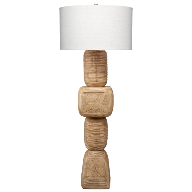 Maklaine Hand-Carved Mango Wood Floor Lamp With Linen Drum Shade
