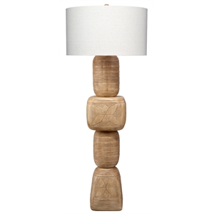 Maklaine Hand-Carved Mango Wood Floor Lamp With Linen Drum Shade