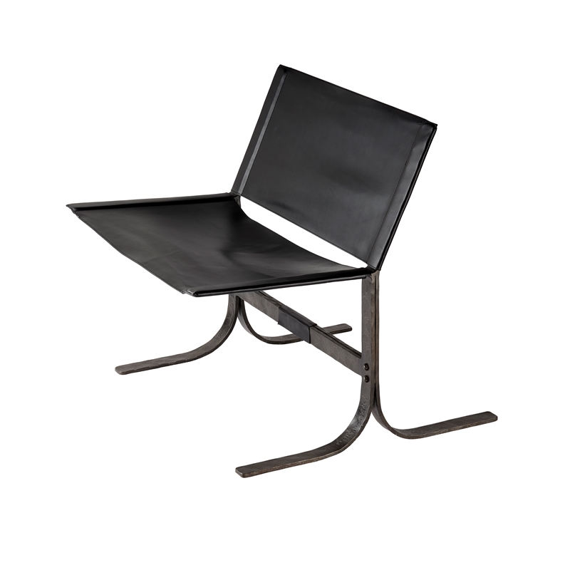 Maklaine Contemporary Full Grain Leather and Iron Sling Chair in Black
