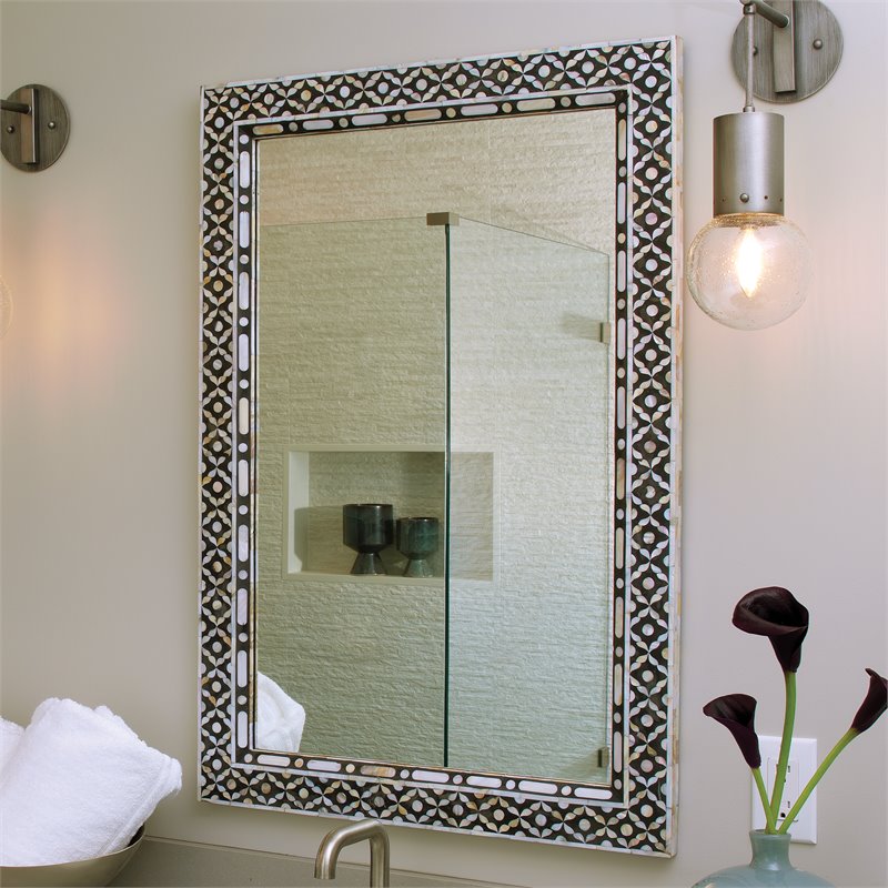 Maklaine Mother of Pearl Inlay Rectangle Wall Mirror in Black/Gray