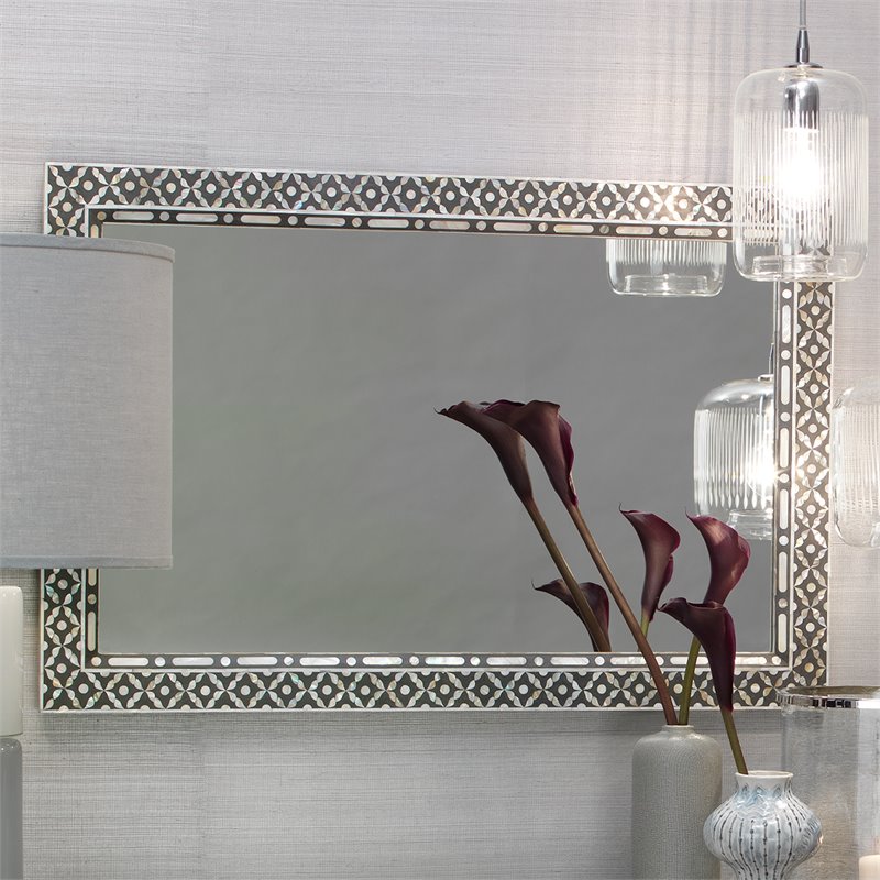 Maklaine Mother of Pearl Inlay Rectangle Wall Mirror in Black/Gray