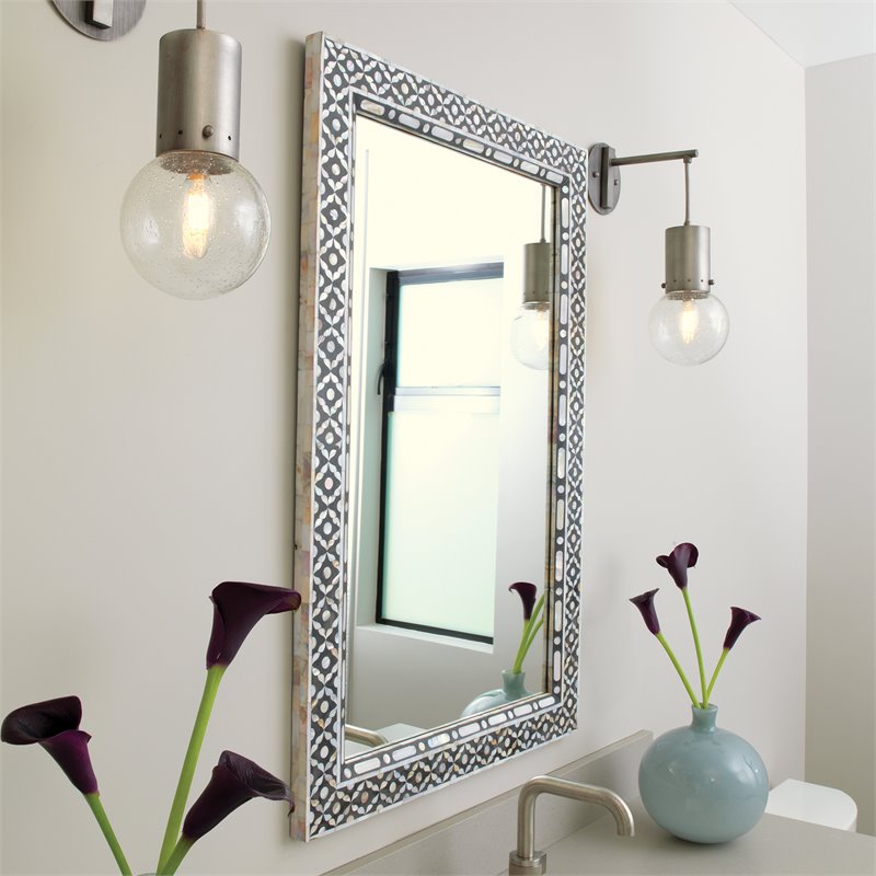 Maklaine Mother of Pearl Inlay Rectangle Wall Mirror in Black/Gray