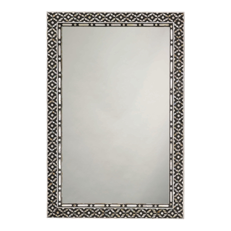 Maklaine Mother of Pearl Inlay Rectangle Wall Mirror in Black/Gray