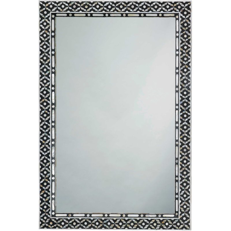 Maklaine Mother of Pearl Inlay Rectangle Wall Mirror in Black/Gray