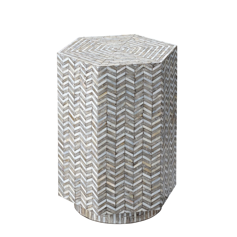 Maklaine Iridescent Mother of Pearl Hexagon Side Table in Gray/White