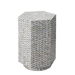 Maklaine Iridescent Mother of Pearl Hexagon Side Table in Gray/White