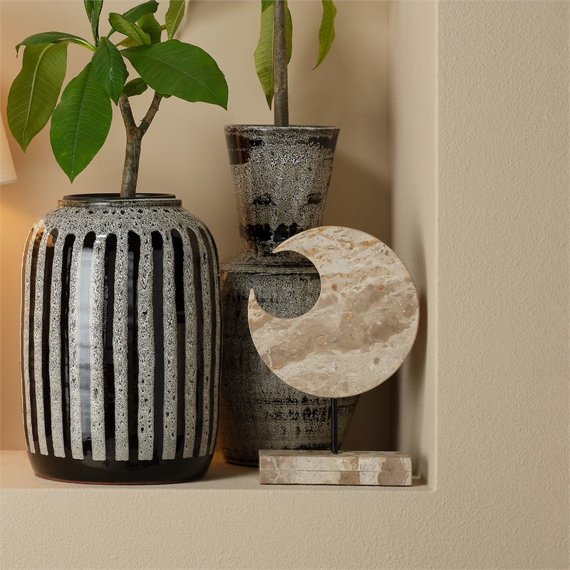 Maklaine Carved Natural Marble Crescent Sculpture Stand in Cream