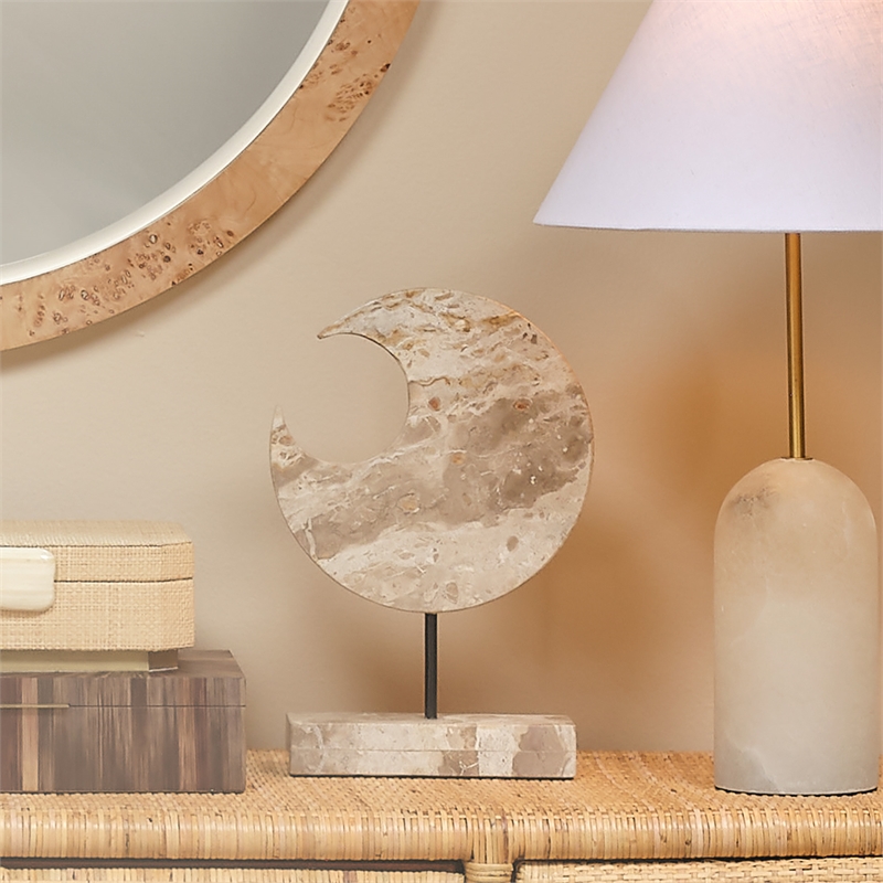 Maklaine Carved Natural Marble Crescent Sculpture Stand in Cream