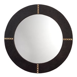 Maklaine Leather Hide Round Wall Mirror With Brass Rivets in Espresso