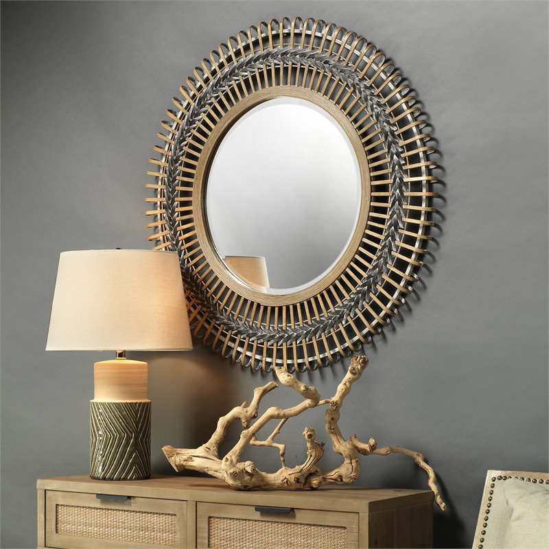 Maklaine Woven Bamboo Round Braided Wall Mirror in Gray and Natural