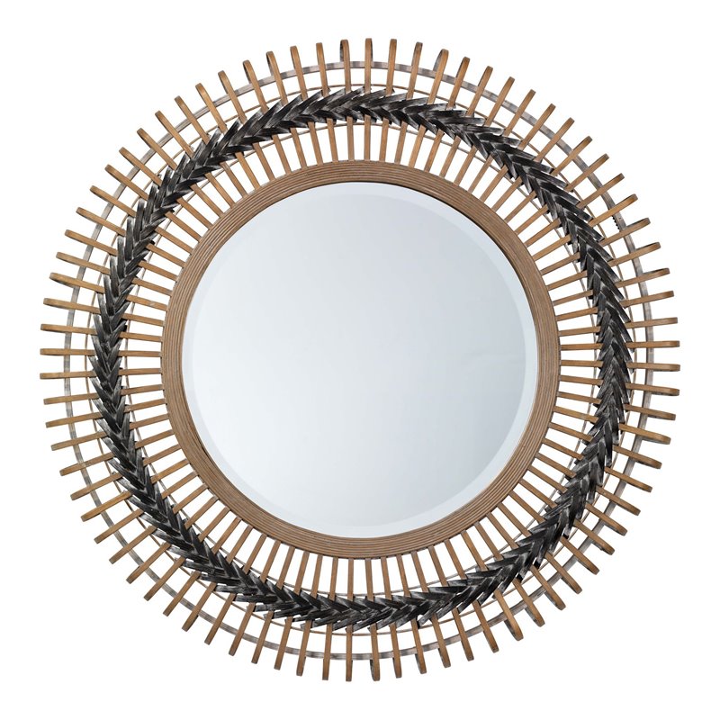 Maklaine Woven Bamboo Round Braided Wall Mirror in Gray and Natural