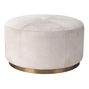 Maklaine Contemporary Hair-on-Hide Round Pouf With Brass Band in White