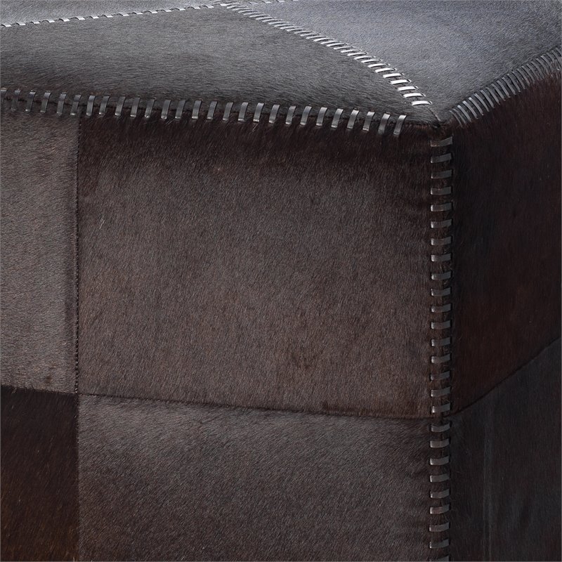 Maklaine Hair-on-Hide Leather Ottoman With Brass Stitching in Espresso