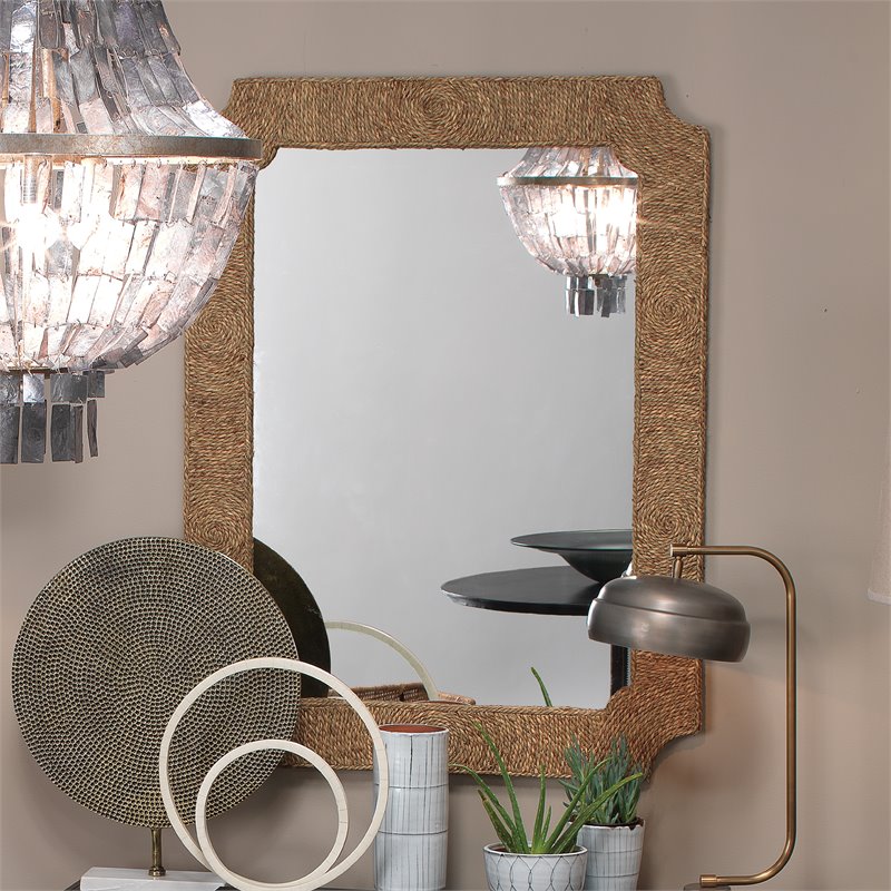 Maklaine Contemporary Twisted Sea Grass Round Coastal Mirror in Natural