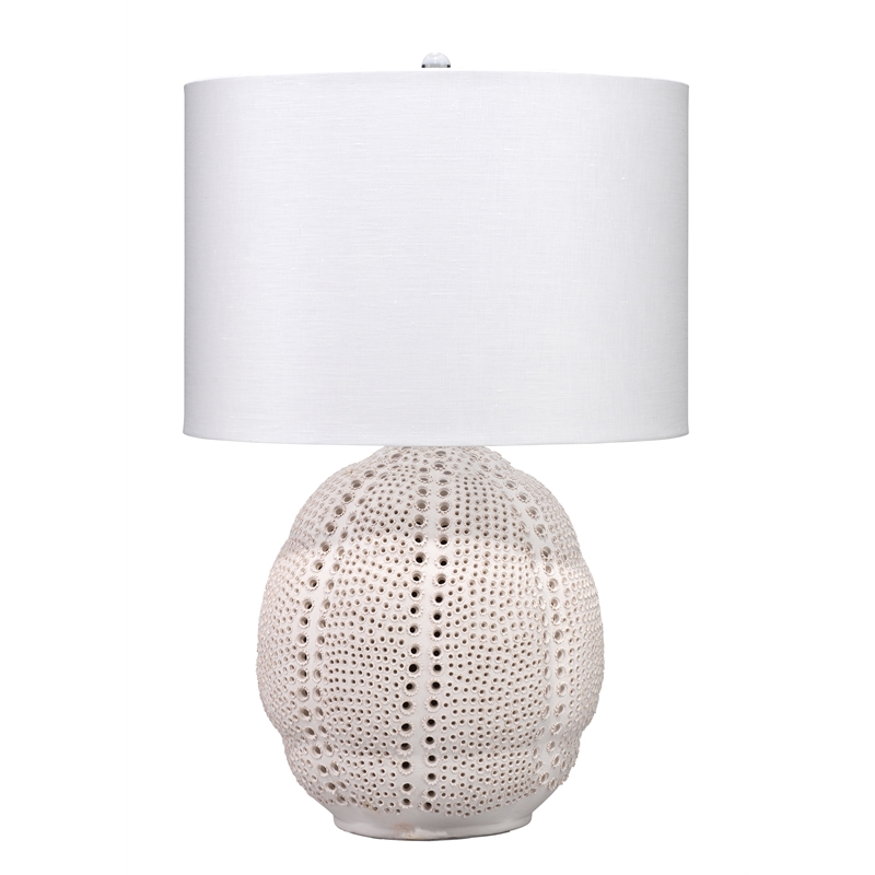 Maklaine Perforated Porcelain Table Lamp With Linen Shade in White