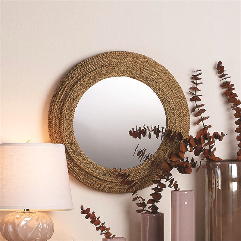Maklaine Contemporary Hand-Woven Seagrass Round Wall Mirror in Natural