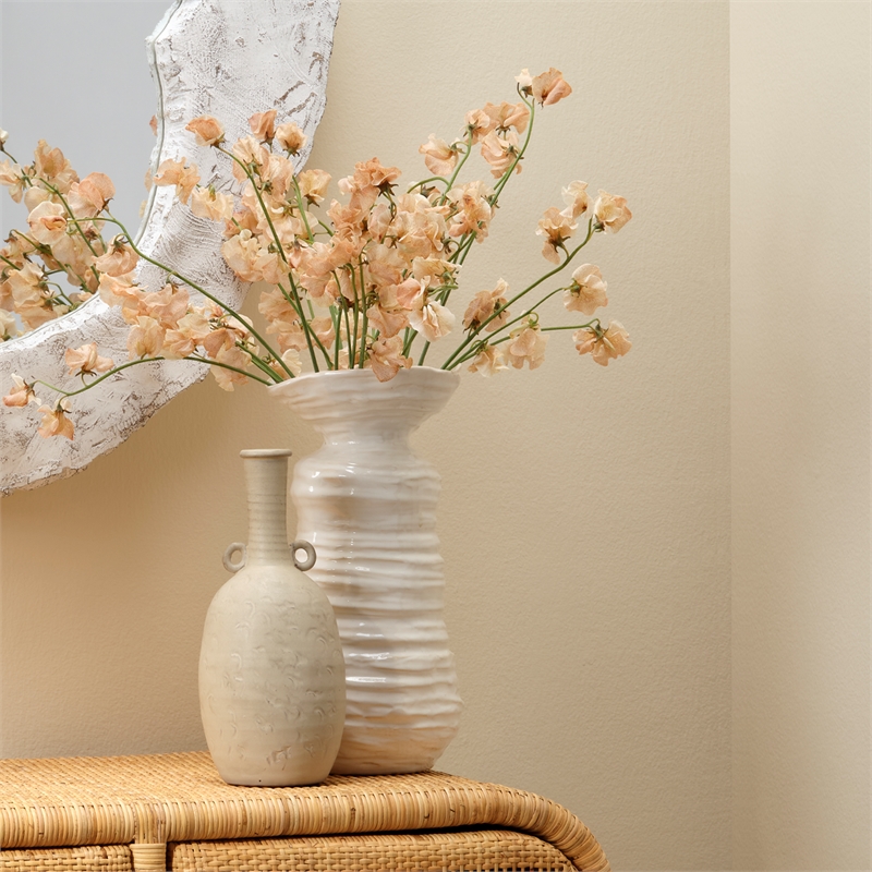 Maklaine Ribbed Organic Ceramic Vase With Pearl Cream Glaze in Beige
