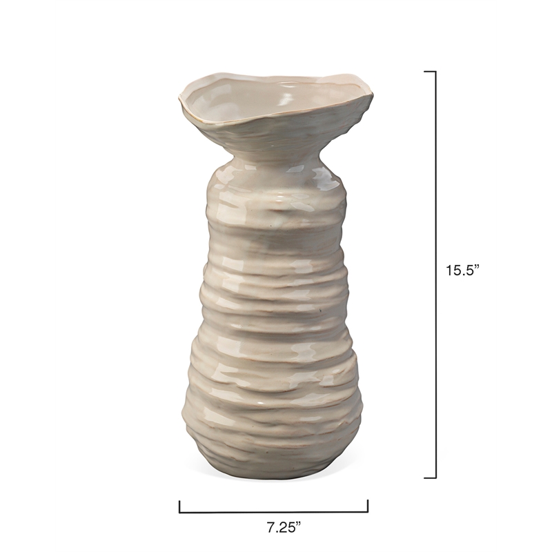 Maklaine Ribbed Organic Ceramic Vase With Pearl Cream Glaze in Beige