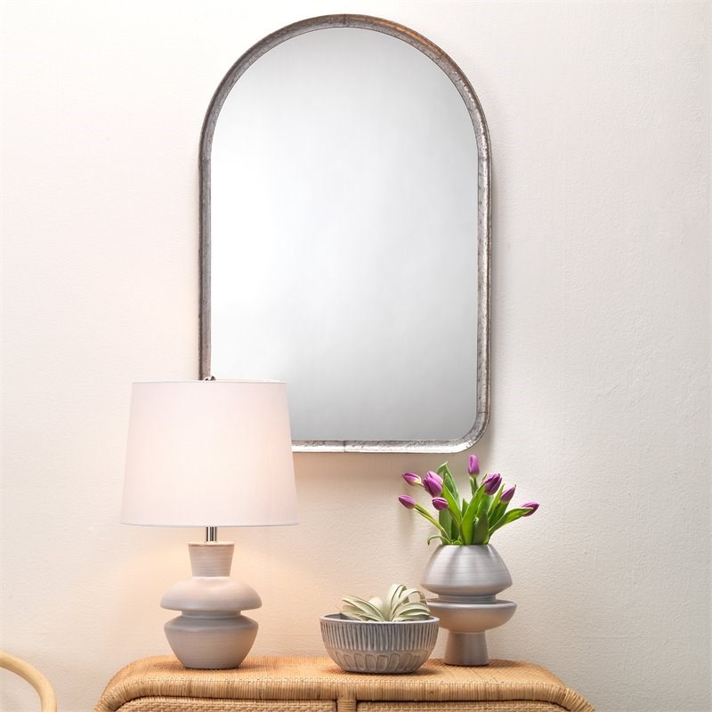 Maklaine Contemporary Silver Leaf Metal Arch Wall Mirror in Silver Gray